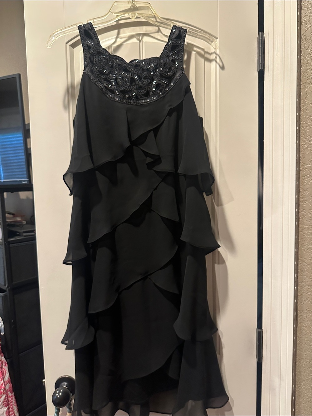 S.L. Fashions Black Beaded Ruffle Midi Dress